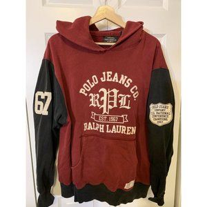 Vintage‎ Polo Jeans Co Hoodie Ralph Lauren applique Sz L pocket Maroon Bl…